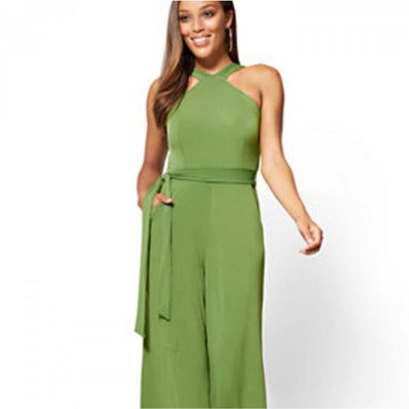 New York & Company Pants - NEW YORK & COMPANY Green Paradise Halter Wide Leg Jumpsuit Cropped Coastal Chic